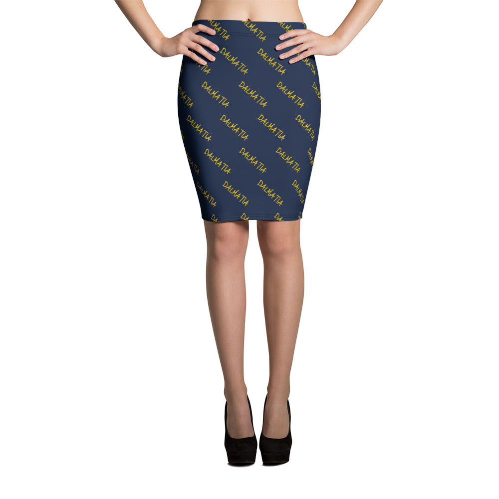 Signature Pattern Navy Blue And Yellow Pencil Skirt